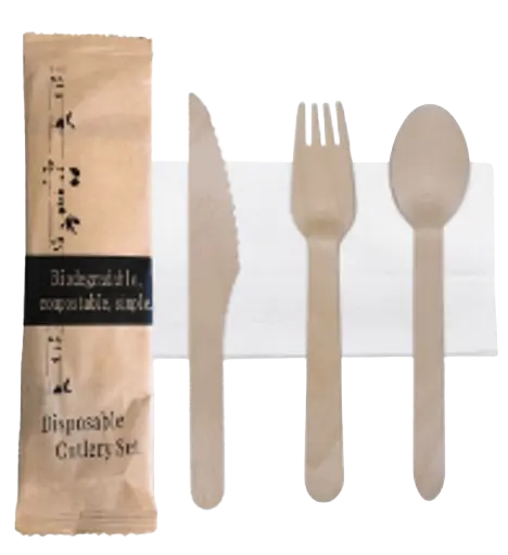 Bamboo Birch Spoon, Fork, Knife & Tissue Set (50pcs/pack)