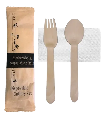 Bamboo Birch Spoon, Fork & Tissue Set (50pcs/pack)